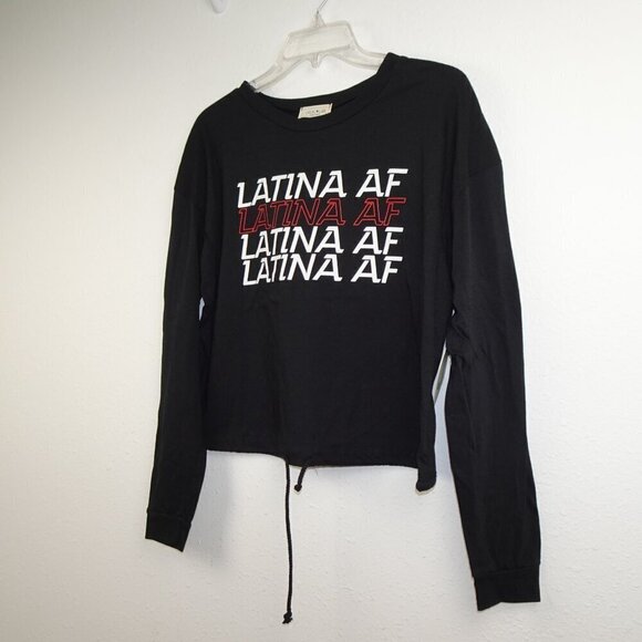 Latina AF Top T-Shirt Women's Size M Black Draw String Trendy Cute Local Lab - Picture 3 of 7